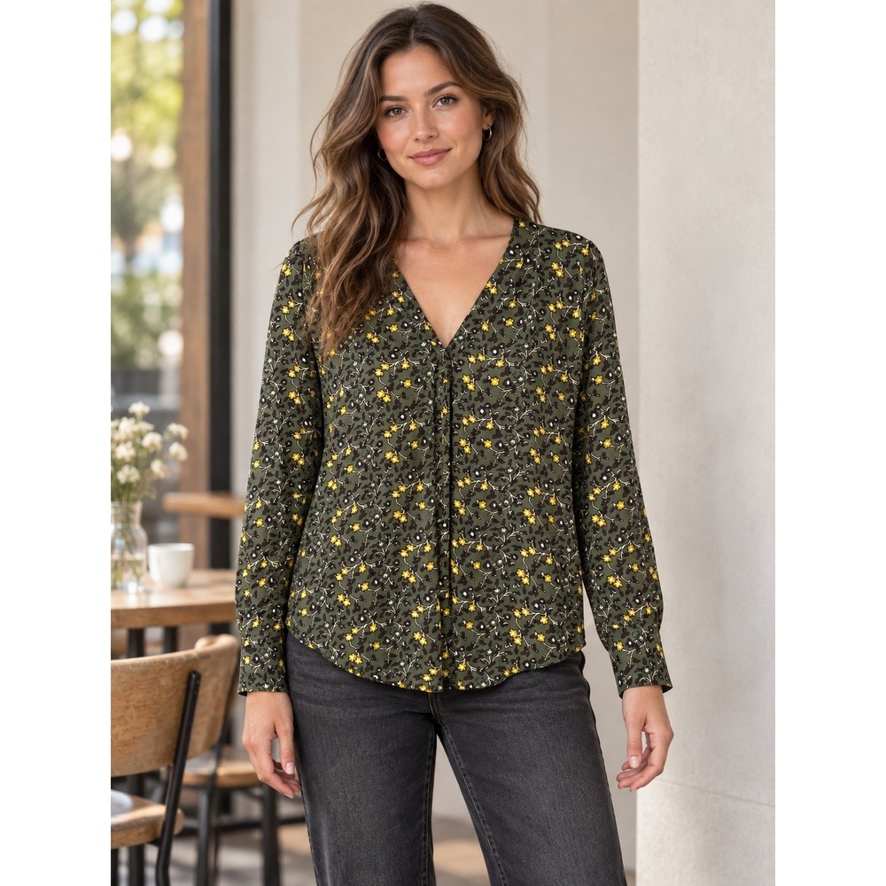 Ann Taylor Factory Olive Green Floral V-Neck Long Sleeve Blouse Large